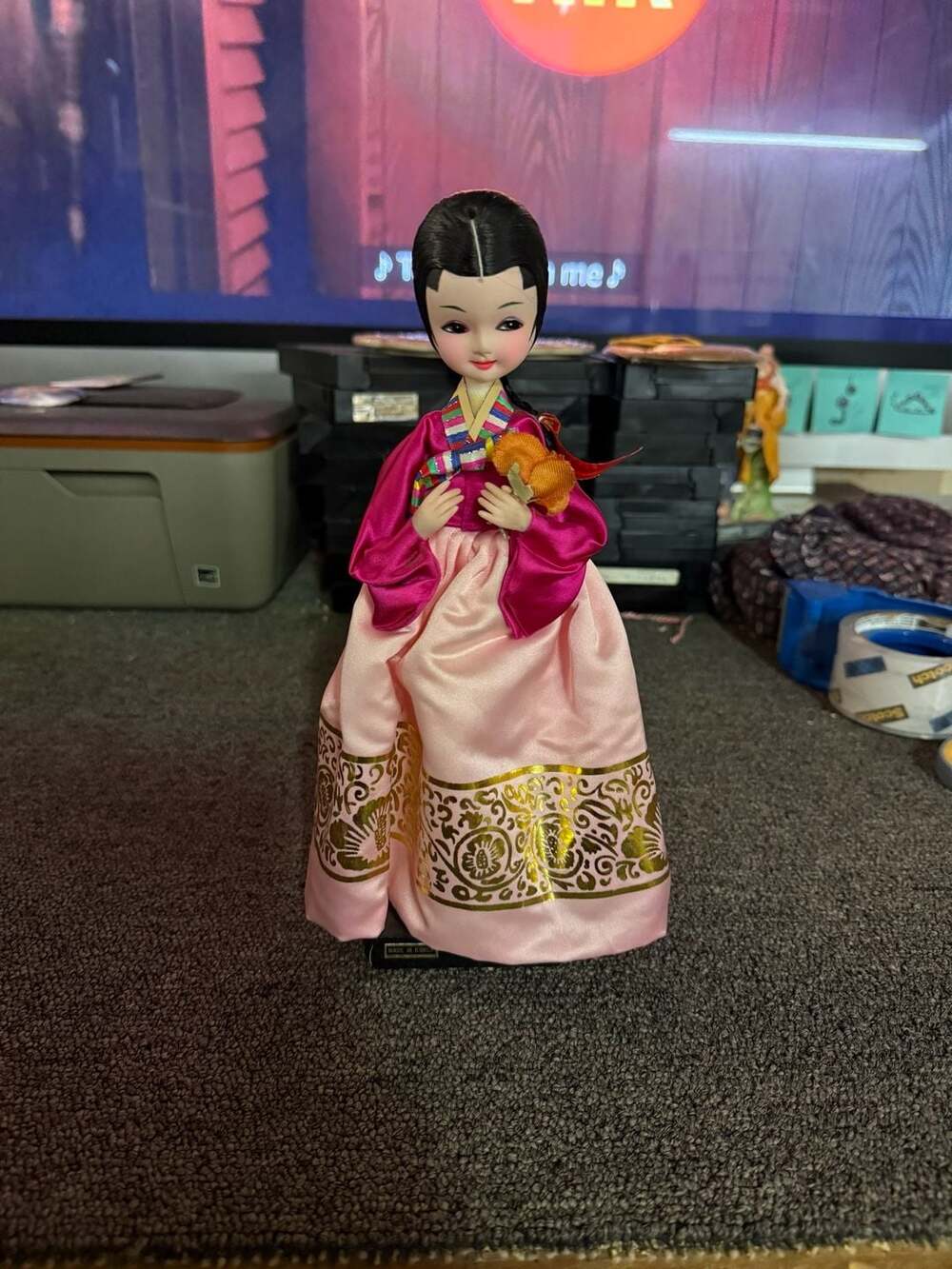 Vintage Traditional Korean Hanbok Doll with Big Eyes on Display Base